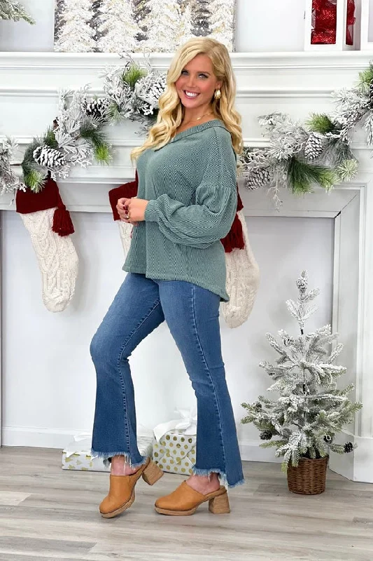 Moss Ribbed V-Neck Long Sleeve Top