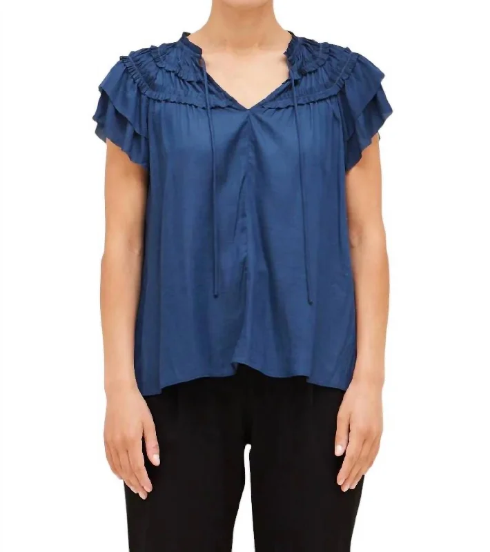 Ruffle Short Sleeve Satin Top In Blue Jewel