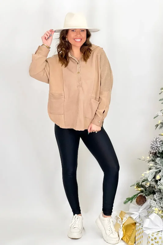 Taupe Half Button Hooded Knit Top