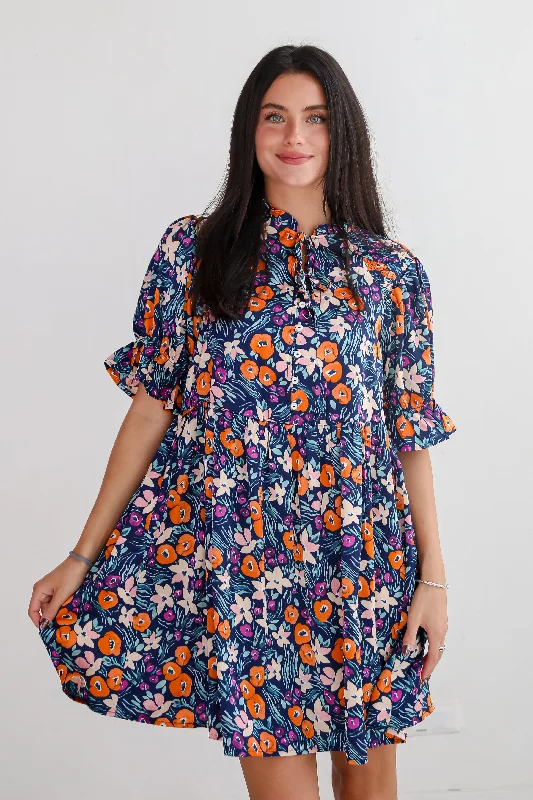 FINAL SALE - Adored Mood Navy Floral Babydoll Mini Dress