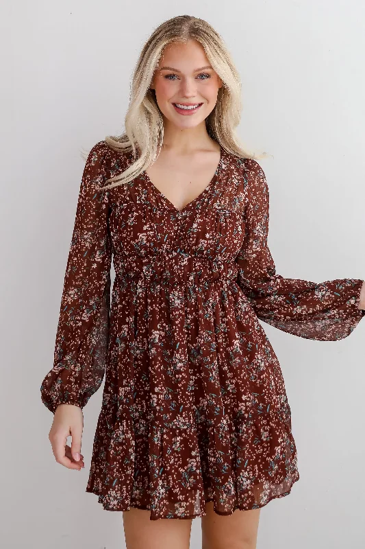 FINAL SALE - Charming Invitation Brown Floral Mini Dress