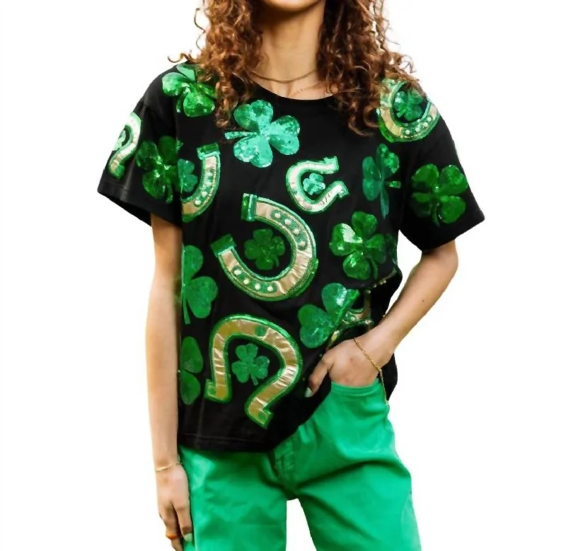 Horse Shoe Clover Tee Top In Black, Green