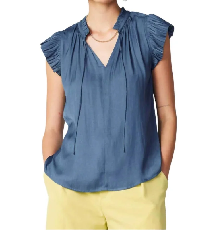 Pleated Short Sleeve Blouse In Dusty Blue