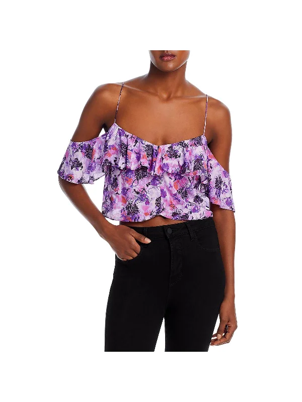 Womens Floral Print Cold Shoulder Cropped