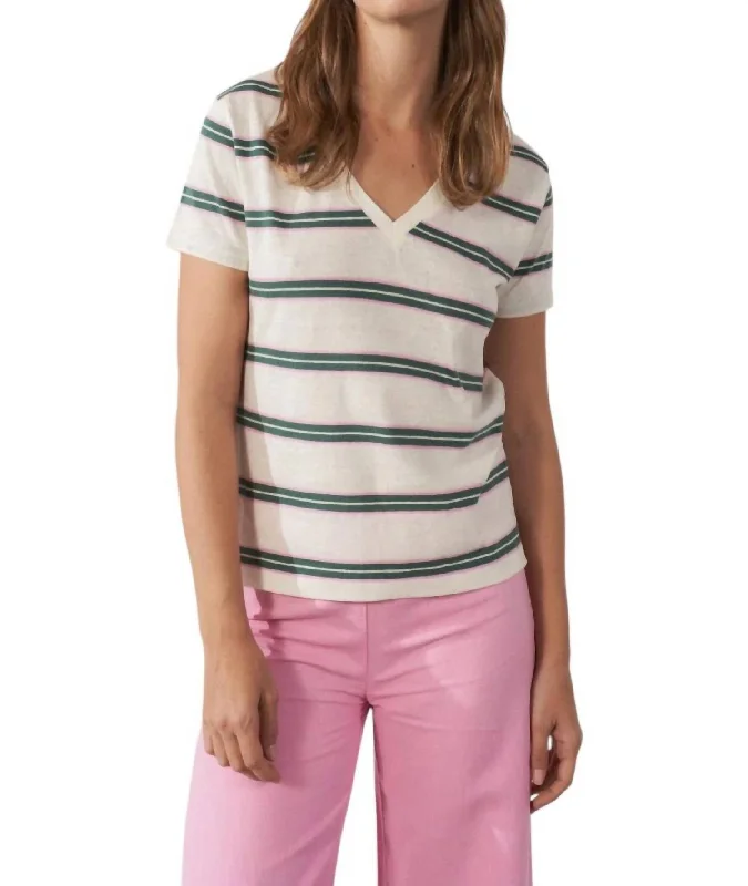 Striped Vneck Tee In Pink/green