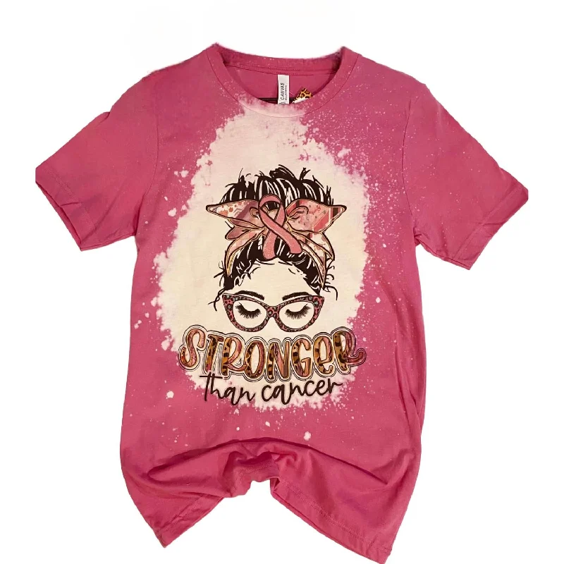 Women's Messy Bun Stronger Bleached Tee Top In Pink