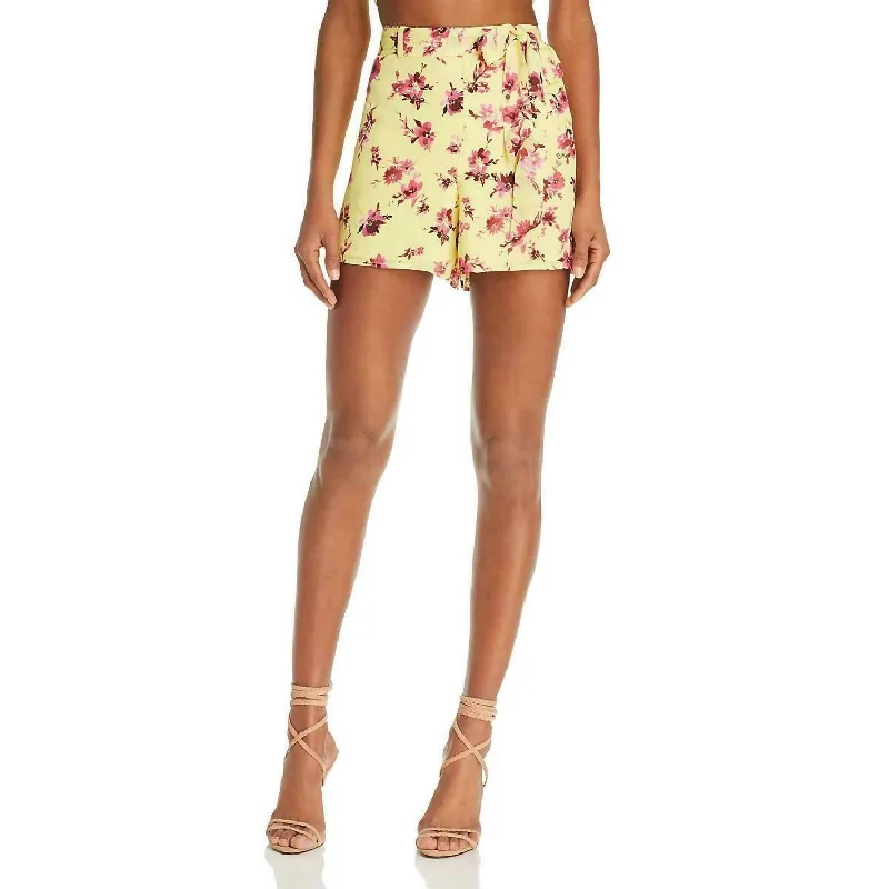 Silk Floral Mini Casual Belted Shorts In Yellow, Pink