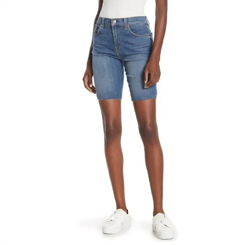 High Rise Raw Hem Bermuda Denim Short In Blue