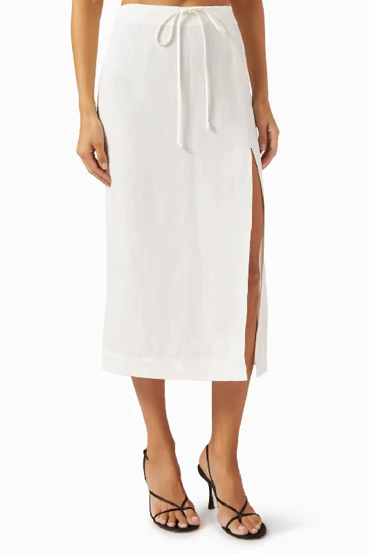 Drawstring Slit Midi Skirt In White