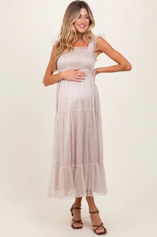 Beige Mesh Overlay Smocked Maternity Midi Dress