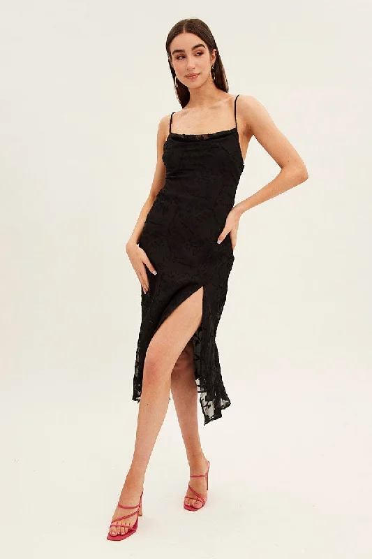 Black Midi Dress Cowl Neck Burnout