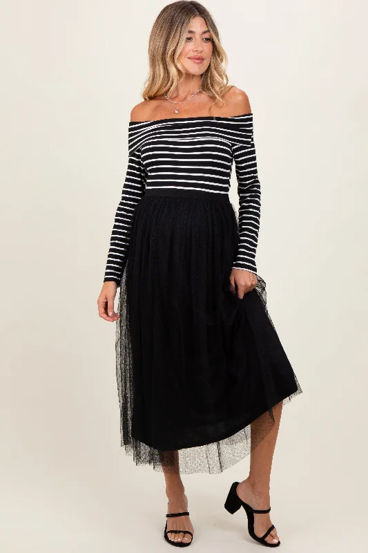 Black Striped Off Shoulder Contrast Knit Mesh Maternity Maxi Dress