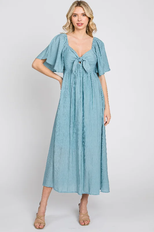 Blue Front Tie Ruffle Sleeve Midi Dress