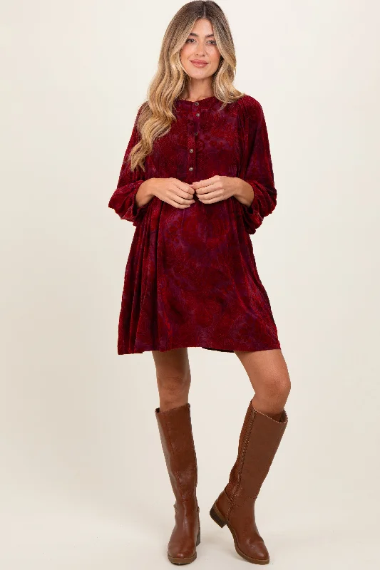 Burgundy Velvet Jacquard Button Up Maternity Dress