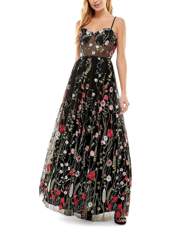 Juniors Womens Mesh Floral Evening Dress