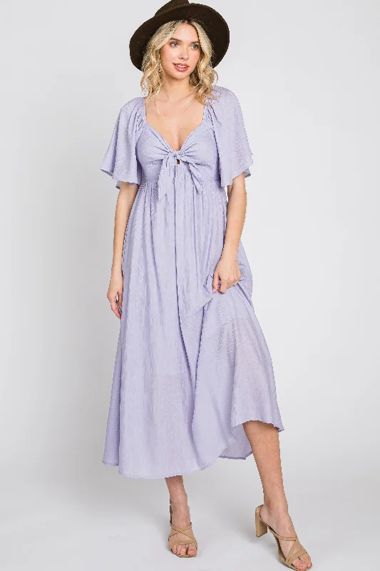 Lavender Front Tie Ruffle Sleeve Midi Dress