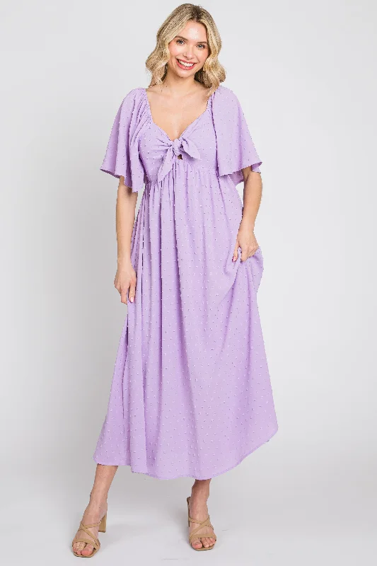 Lavender Textured Dot Front Tie Ruffle Sleeve Midi Dress