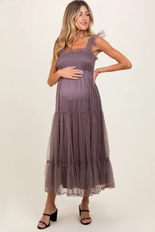 Mauve  Mesh Overlay Smocked Maternity Midi Dress