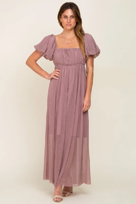 Mauve Pleated Puff Sleeve Maxi Dress