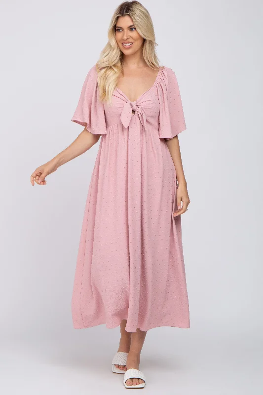 Mauve Textured Dot Front Tie Ruffle Sleeve Midi Dress