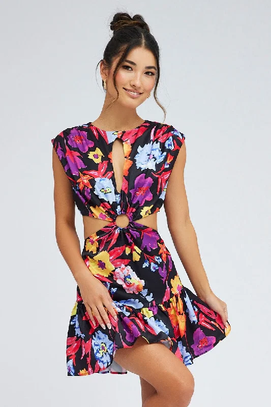 Multi Floral Bright Floral Ring Detail Keyhole Dress