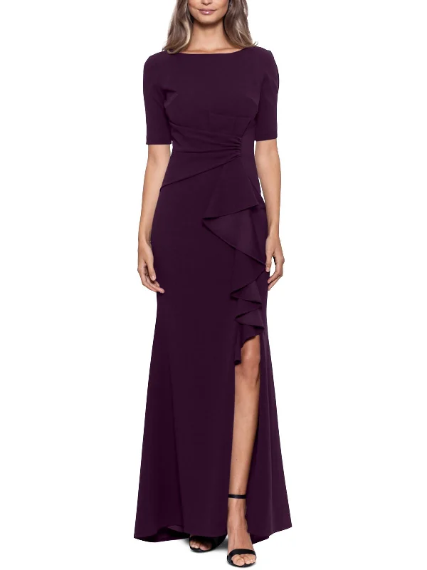 Petites Womens Ruched Boatneck Evening Dress