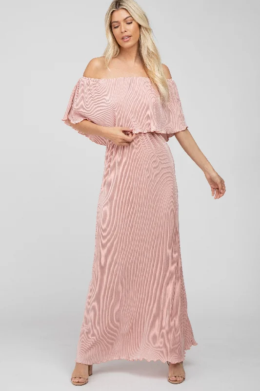 Pink Pleated Ruffle Off Shoulder Maxi Dress