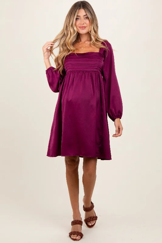 Plum Satin Pleated Detail Bodice Maternity Dress