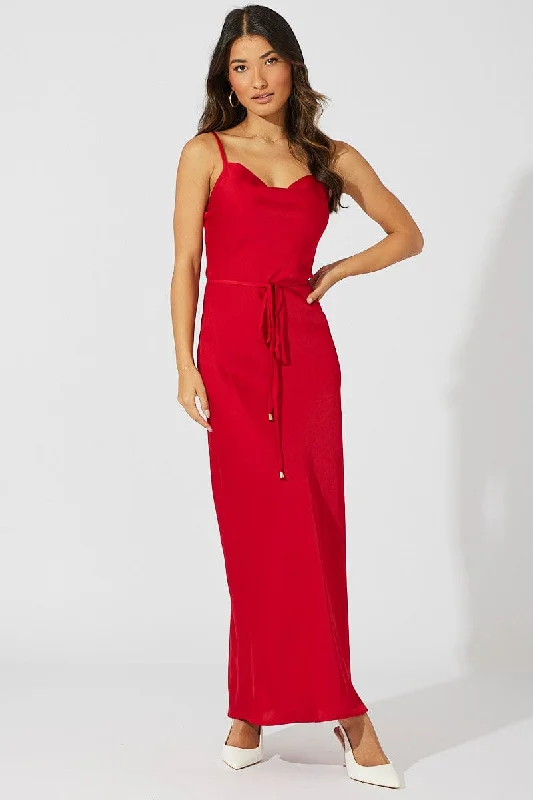 Red Maxi Dress Cowl Neck Satin