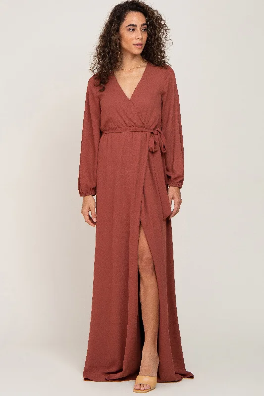 Rust Wrap Front Chiffon Gown