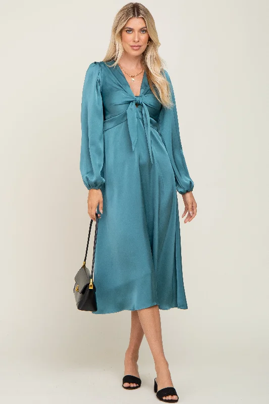 Teal Satin Tie Front Cutout Midi Dress