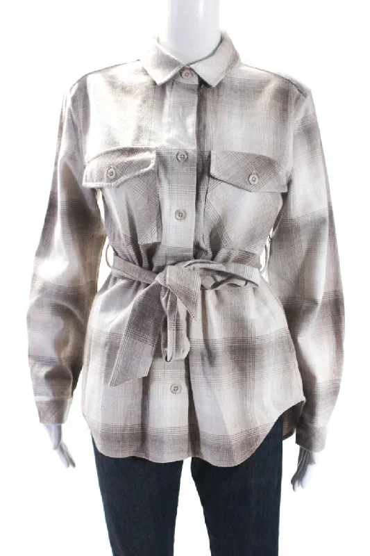 Bella Dahl Womens Cotton Plaid Print Button Collared Belted Jacket Brown