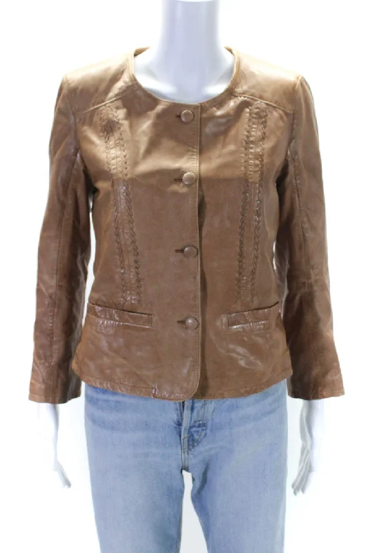 Bully Womens Leather Woven Textured Darted Buttoned Jacket Brown