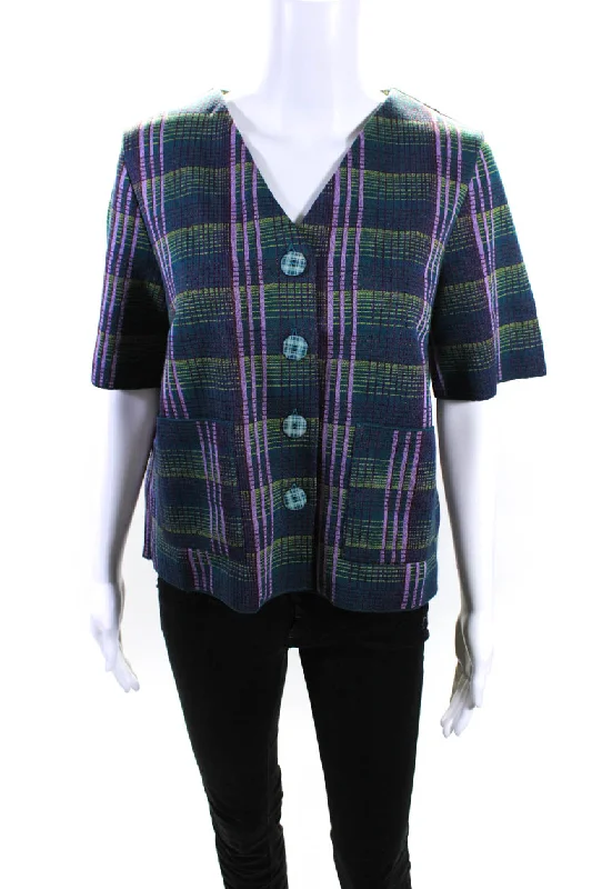 Catherine Andre Womens Short Sleeve Knit Plaid V Neck Jacket Multicolor