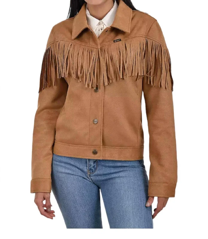 Faux Suede With Fringe Trucker Jacket In Mid Brown