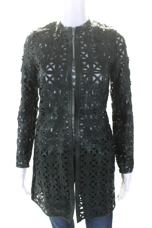 In Transit Womens Metallic Leather Mesh Hook & Eye Jacket Dark Green