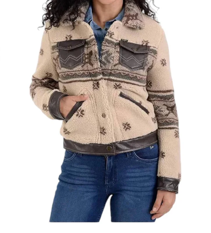 Print Crop Faux-Shearling Jacket In Beige