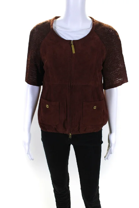 Roberto Cavalli Womens Suede Eyelet Half Sleeve Full Zip Jacket Brown