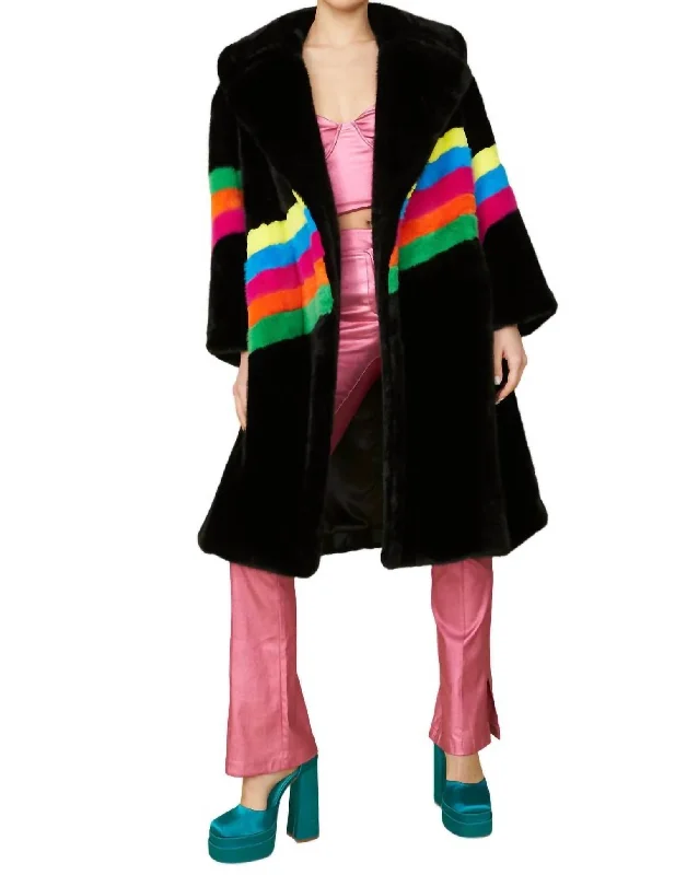 Sauki Rainbow Faux Fur Coat In Black