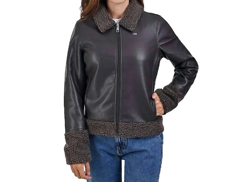 Sheepskin Trim Casual Jacket In Brown