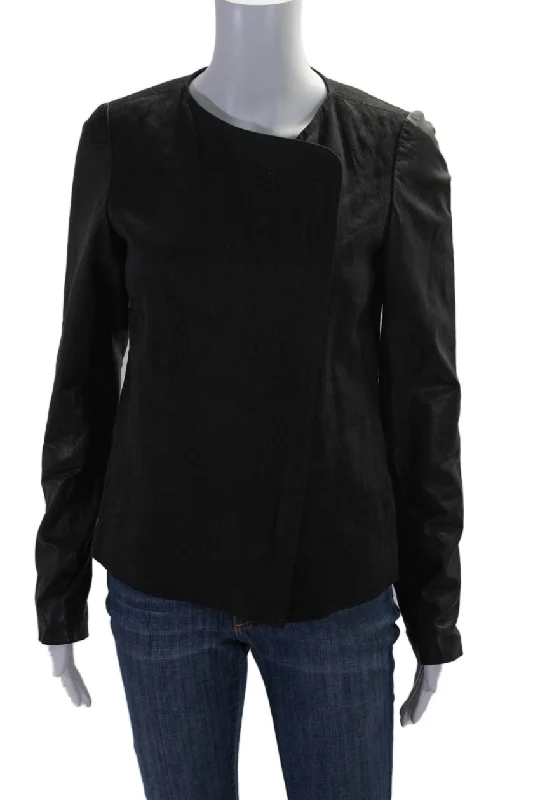 Vince Womens Linen Leather Patchwork Zipped Long Sleeve Jacket Black