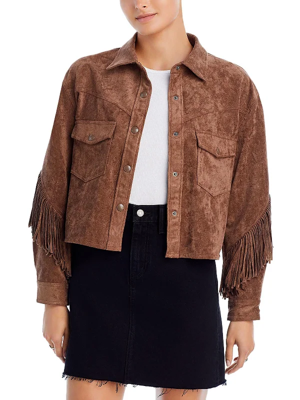 Womens Faux Suede Fringe Shirt Jacket