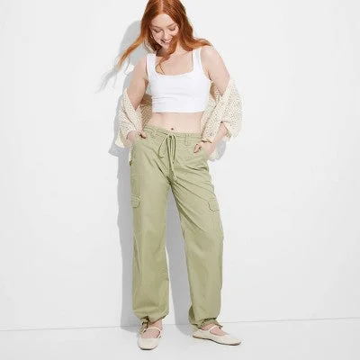 New - Women's Mid-Rise Wide Leg Cargo Beach Pants - Wild Fable Sage Green M